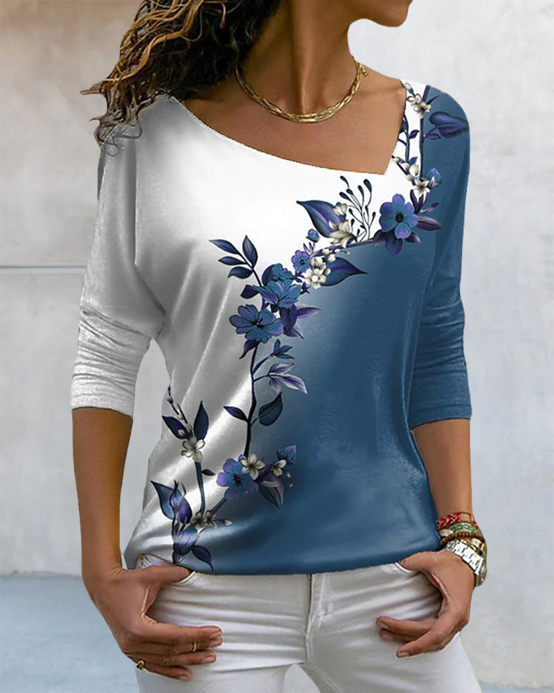 FloraFlex™ - T-shirt med asymmetrisk hals och blommigt tryck