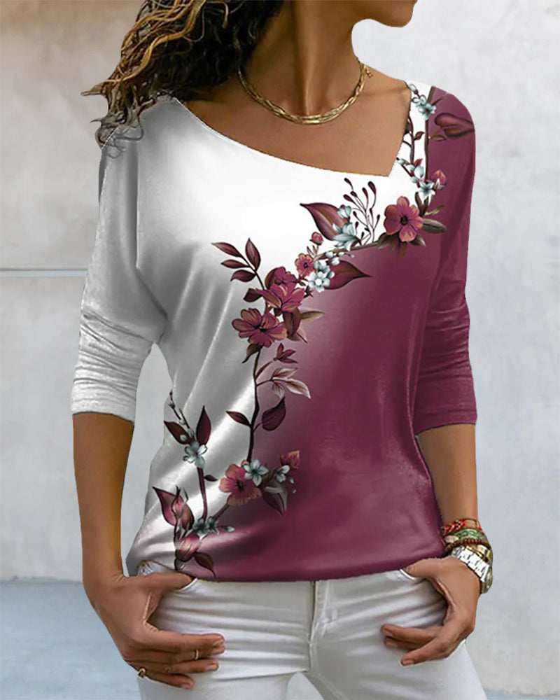 FloraFlex™ - T-shirt med asymmetrisk hals och blommigt tryck